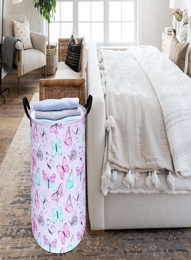 KUNRO Round Laundry Gift Basket Storage Hamper, Clothes Storage Organizer Bins, Shelf Basket with Handles for Room Decor (Purple Butterfly) - Image 4